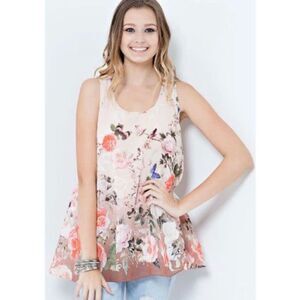 Entro Womens Tunic‎ Top Sleeveless Tie Back Floral Tank Blouse Pink Beige Small